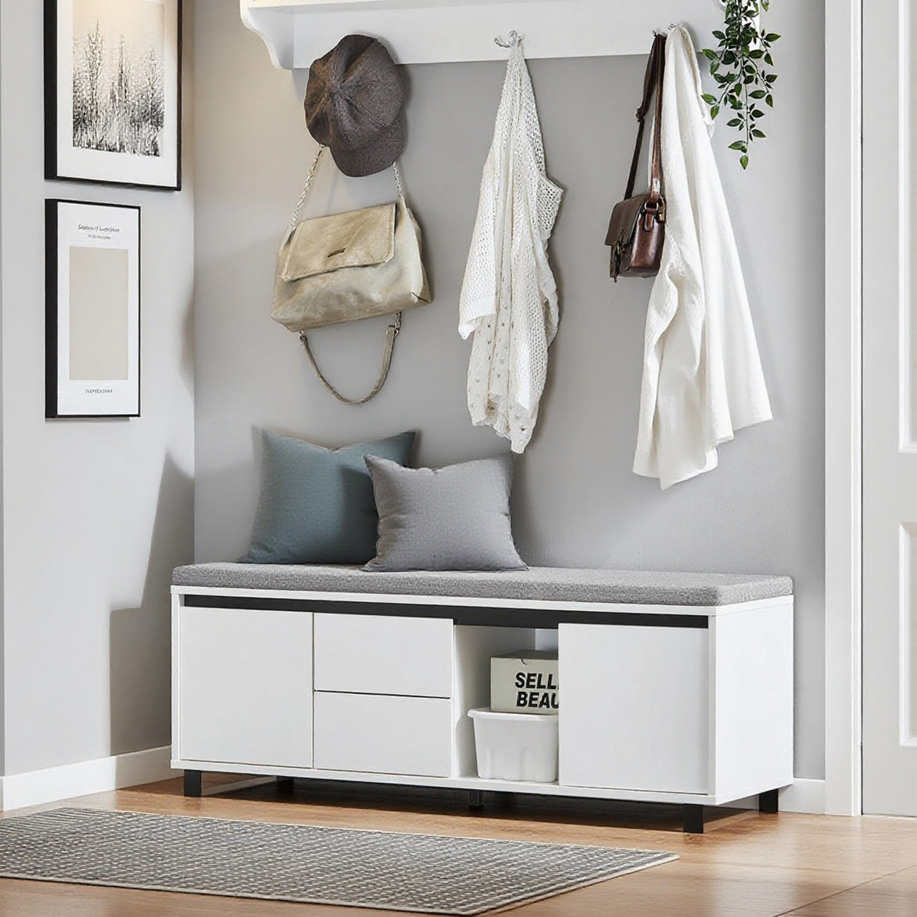 Schoenenkast – Schoenenrek – Schoenenbank – Opbergkast – Entreebank – Met Zitvlak En Lades – Compact Wit MDF – 110x35x42 cm