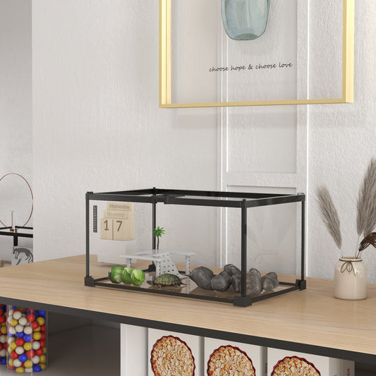 Terrarium voor schildpadden – Reptielenbak – Vivarium – Terrariumkast – Reptielenhuis – Met Sluitbaar Metalen Gaasdeksel – Gemaakt van Glas en Metaal – Inclusief Platform met Oprit en Thermometer – Afmetingen 50x30x25 cm