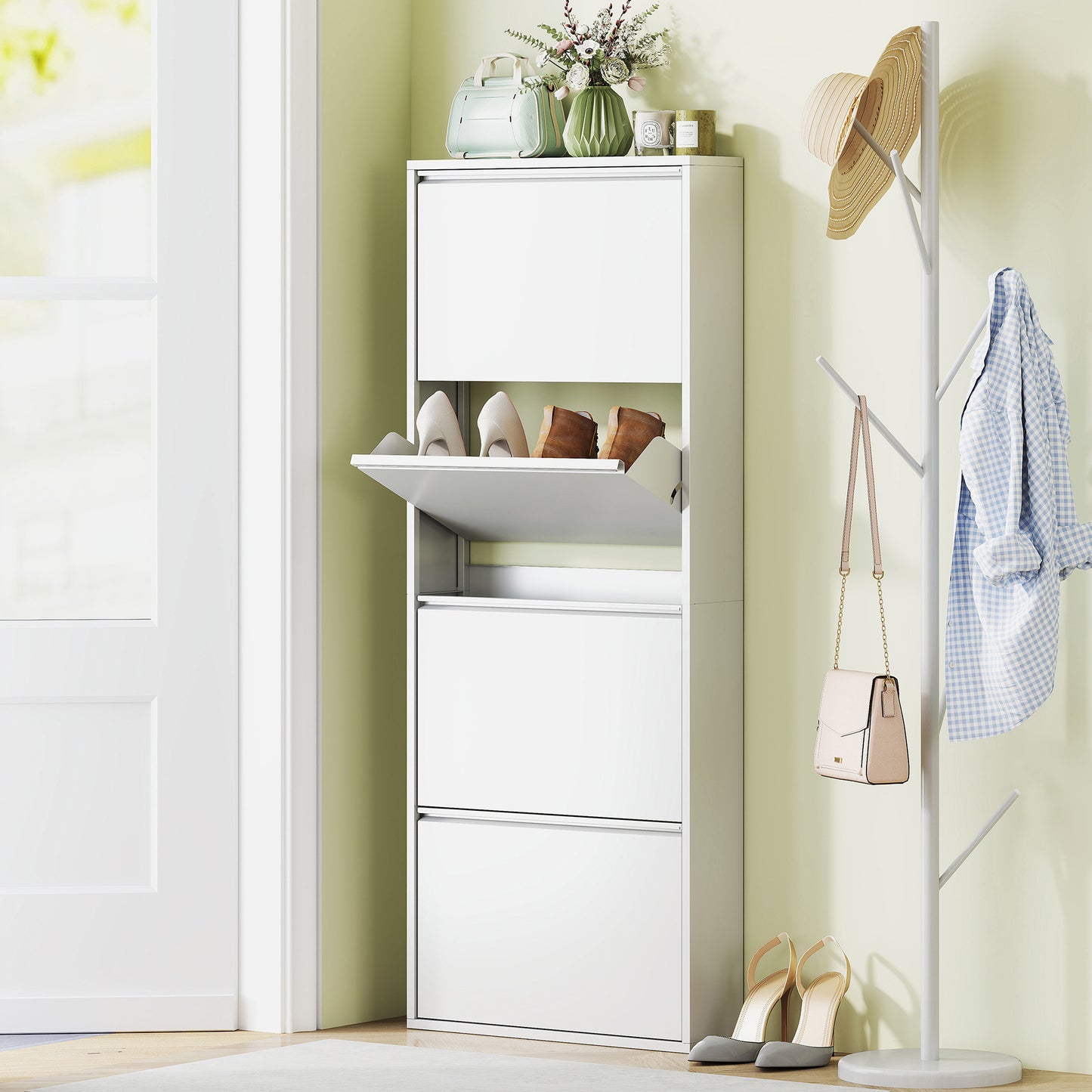 Schoenenkast – Schoenenrek – Schoenenopberger – Schoenenbank – Smalle Metalen Kast – 4 Kantelbare Lades – Geschikt Voor 8 Paar Schoenen – Wit