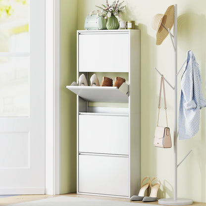 Schoenenkast – Schoenenrek – Schoenenopberger – Schoenenbank – Smalle Metalen Kast – 4 Kantelbare Lades – Geschikt Voor 8 Paar Schoenen – Wit