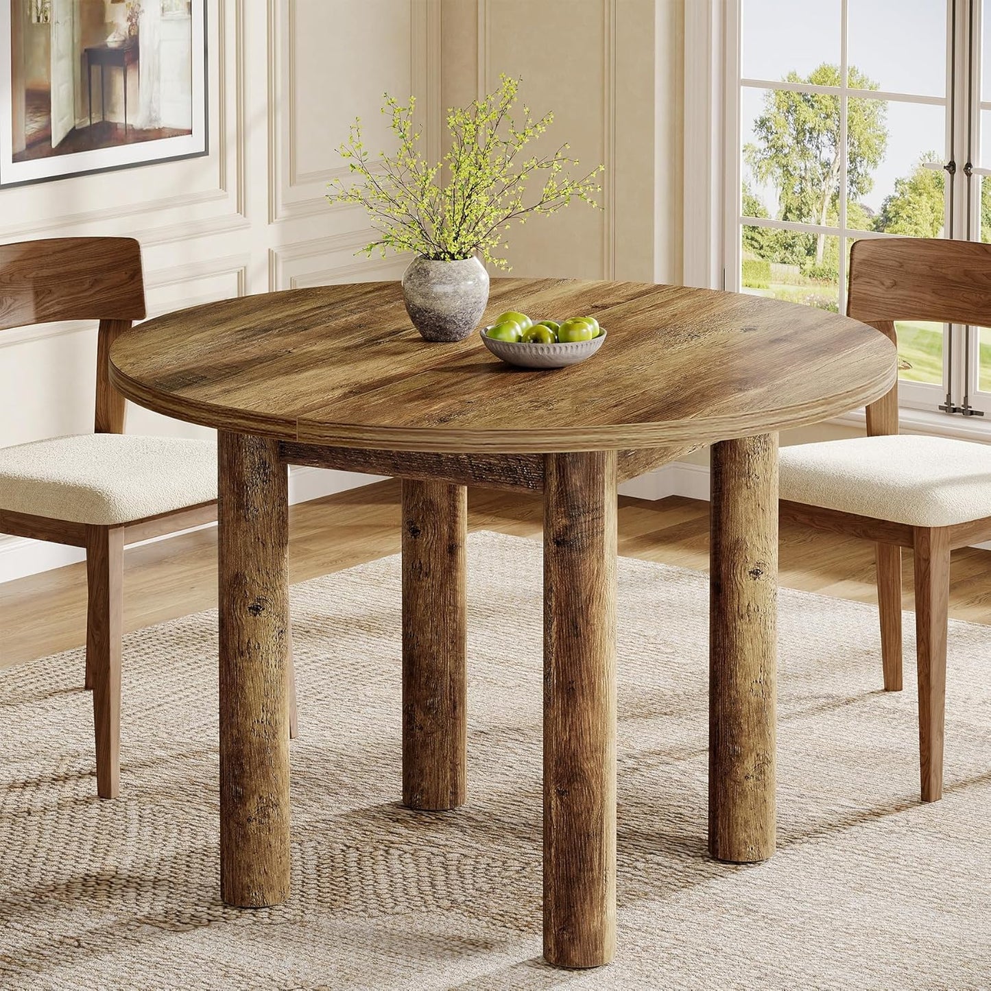 Ronde Eettafel – Eettafel Rond – Keukentafel – Tafel Voor 4 Personen – Landelijke Tafel – 99 cm Diameter – Stevig Geforceerd Hout – Bruine Houtnerfafwerking