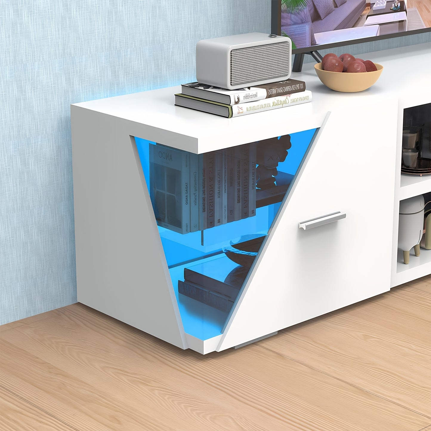 150cm Modern TV Cabinet Stand | White LED Light Entertainment Unit Cupboard with Storage, Suitable for 32-65 Inch TVs, Powered, Assembly Required, Brand: Oyajia