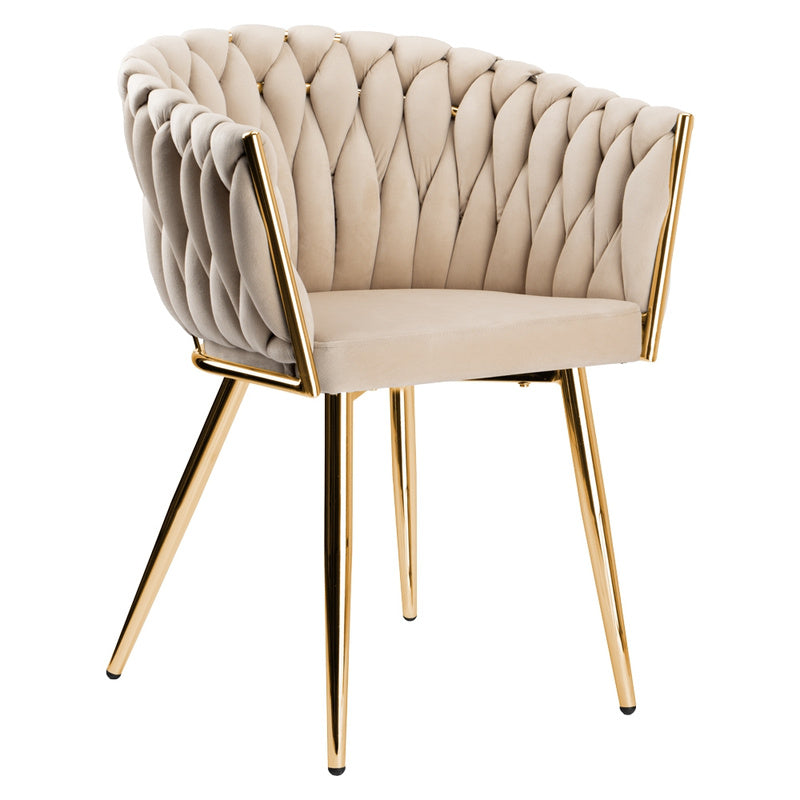 Loungestoel – Fauteuil – Relaxstoel – Kamerstoel – Woonkamerstoel – Beige Fluweelstof – Met Gouden Metalen Poot – Ergonomische Rugleuning – Compact Formaat 73 cm Hoog