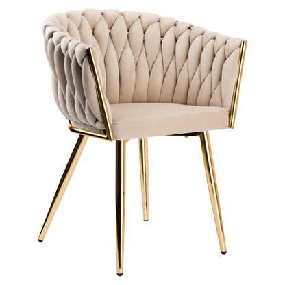 Loungestoel – Fauteuil – Relaxstoel – Kamerstoel – Woonkamerstoel – Beige Fluweelstof – Met Gouden Metalen Poot – Ergonomische Rugleuning – Compact Formaat 73 cm Hoog