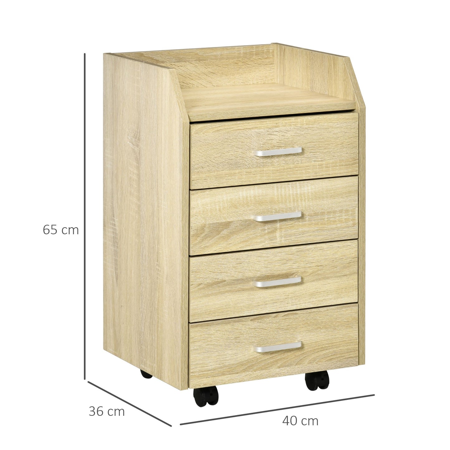 Ladeblok – Ladekast – Opbergkast – Rolcontainer – Bureaukast – 4 Lades – MDF en Spaanplaat – Mobiel met Wieltjes – 40x36x65 cm – Natuurlijke Houtkleur