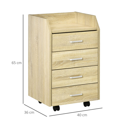 Ladeblok – Ladekast – Opbergkast – Rolcontainer – Bureaukast – 4 Lades – MDF en Spaanplaat – Mobiel met Wieltjes – 40x36x65 cm – Natuurlijke Houtkleur