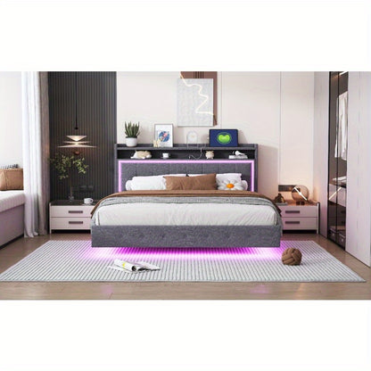 Bedframe – Ledikant – Slaapkamerset – Boxspring – Tweepersoonsbed – Grijs Linnen – Zacht Hoofdbord – Verborgen Poten – Modern Design – 160x200 cm Stabiel