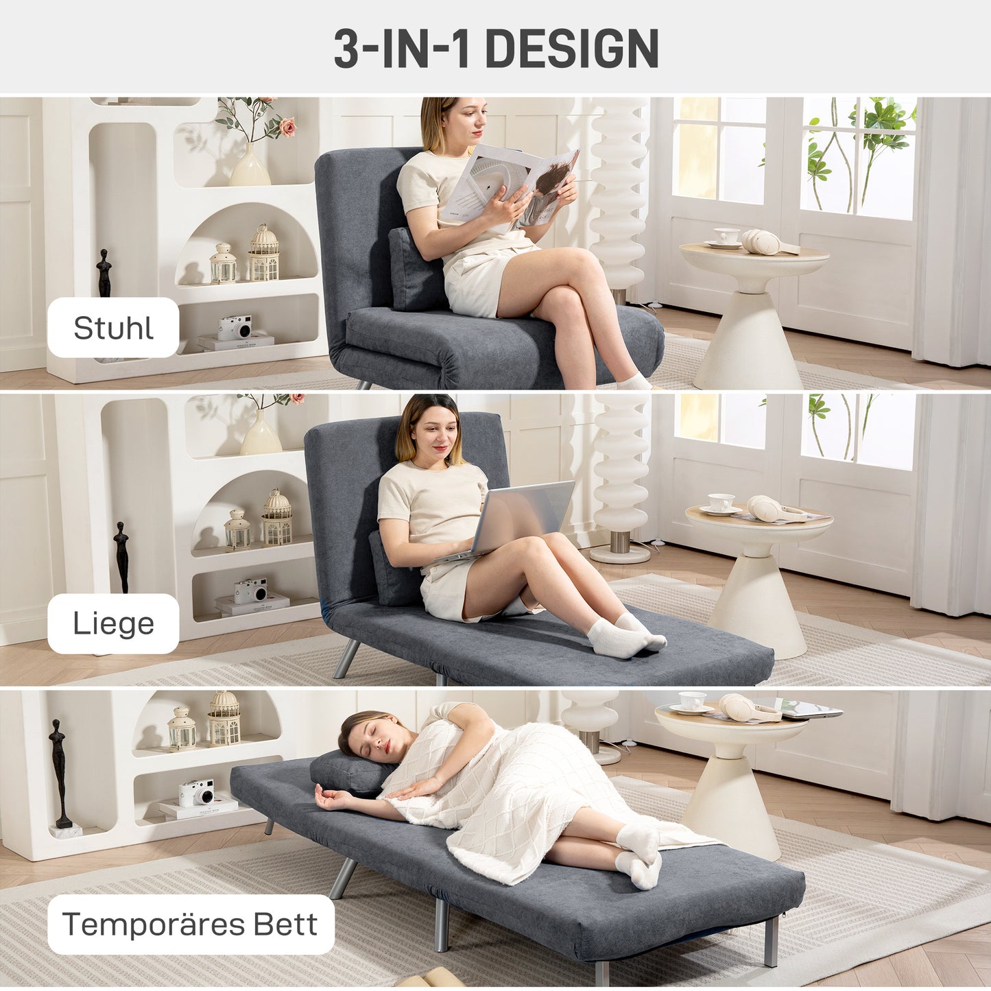 Slaapfauteuil – Slaapstoel – Fauteuil – Logeerbed – Vouwbed – 3-in-1 Design – Donkergrijze Stof – Inclusief Kussen