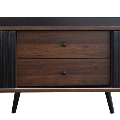 Tv-meubel – Tv-kast – Lowboard – Mediameubel – Tv-dressoir – Wit en Houtlook – 160 cm Breedte – Gestreepte Schuifdeuren met Lades