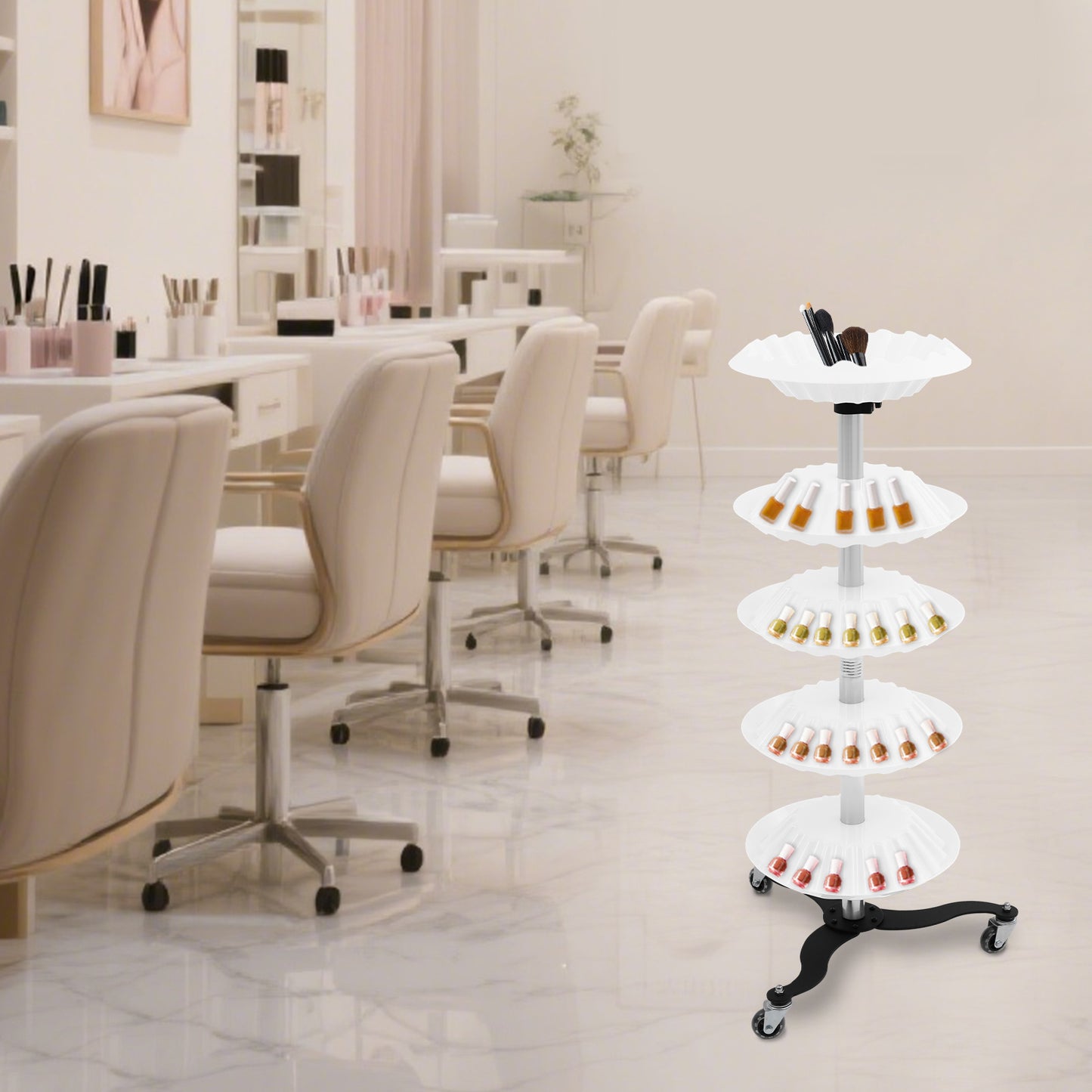 Nagellakhouder – Nagellakstandaard – Beauty Organizer – Cosmetica Opberger – Make-up Rek – 5 Lagen – Roestvrij Staal – Mobiel Met 3 Wieltjes – Wit Modern Design