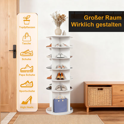 6-tier Rotating Shoe Rack | 360° Swivelling, Accommodates 24 Pairs of Shoes, Extra-High Base for Storing Boots, White, Metal, Floor Mount, Dimensions: 60x60x161cm