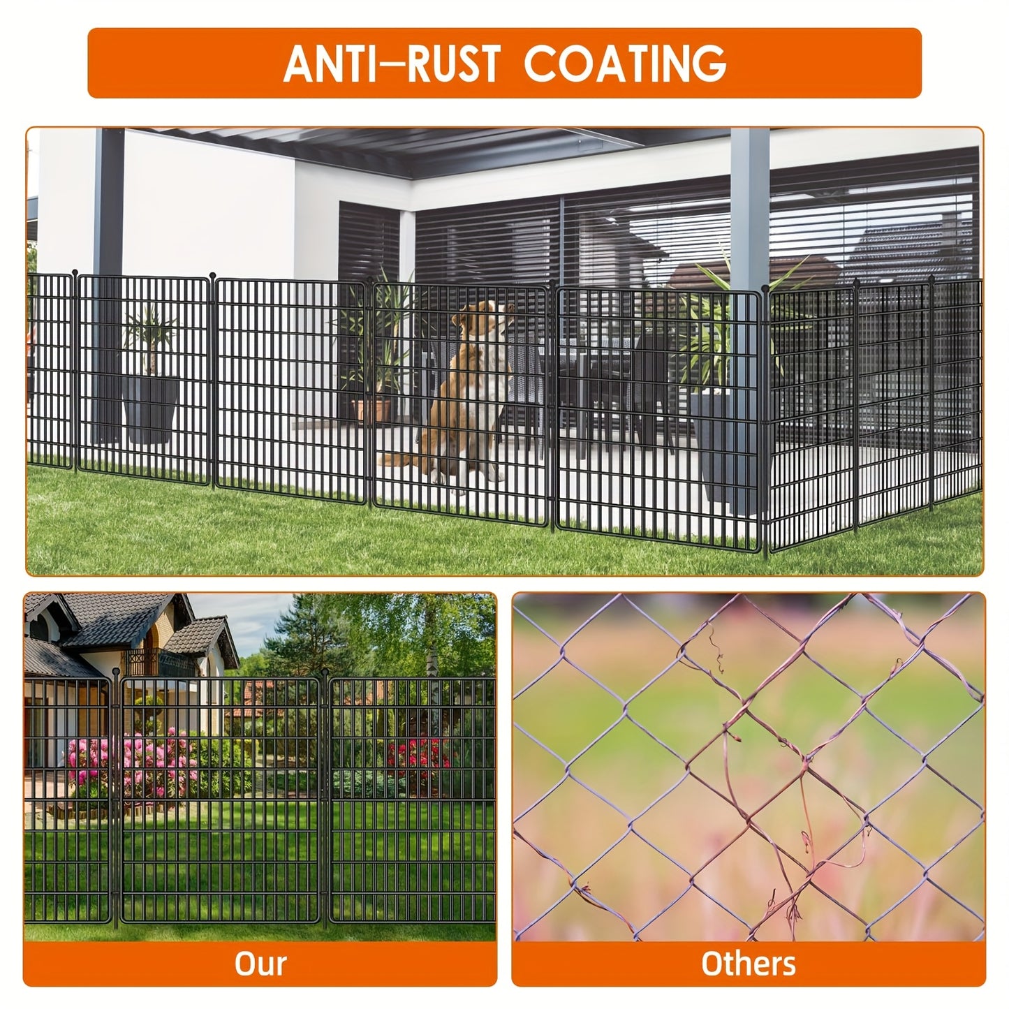 Zwarte Metalen Tuinafscheiding – Dierenren – Tuinhek – Hekwerk – Huisdieromheining – 15 Panelen – Roestvrij Stalen Draad – 81 cm Hoog – Eenvoudige Montage Zonder Graven