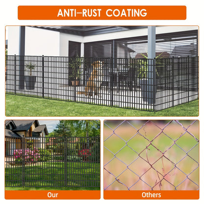 Zwarte Metalen Tuinafscheiding – Dierenren – Tuinhek – Hekwerk – Huisdieromheining – 15 Panelen – Roestvrij Stalen Draad – 81 cm Hoog – Eenvoudige Montage Zonder Graven
