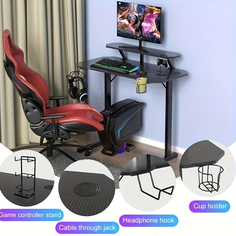 100x55x75cm Carbon Fiber Gaming Desk - Ergonomic Design with Dual Monitor Stand, Cup Holder & Headphone Hook, Multi-Platform Setup for PC, Laptop, Game & Office - Black Polished Metal, Ergonomic Office Desk, Sleek Workstation