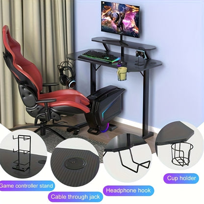 Gaming Bureau – Game Bureau – Gaming Desk – Computerbureau – Werkplek – Carbon Fiber – Dubbele Monitorstandaard – Bekerhouder Met Koptelefoonhaak – 100x55x75 cm – Gepolijst Zwart Metaal