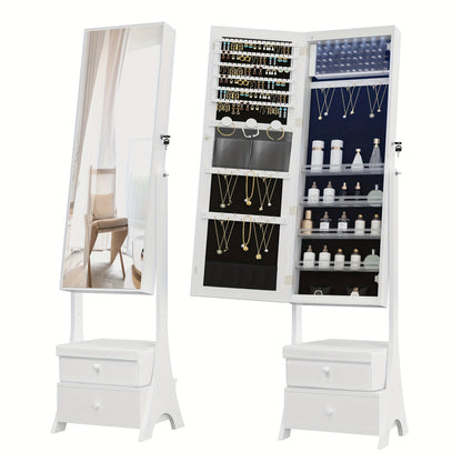 Sieradekastje – Sieradenkast – Jewelry Organizer – Sieradenopberger – Sieradenrek – Vrijstaand – Wit met Zwarte Velvet Voering – Grote Frameloze Spiegel – 90 Vakjes en Slot