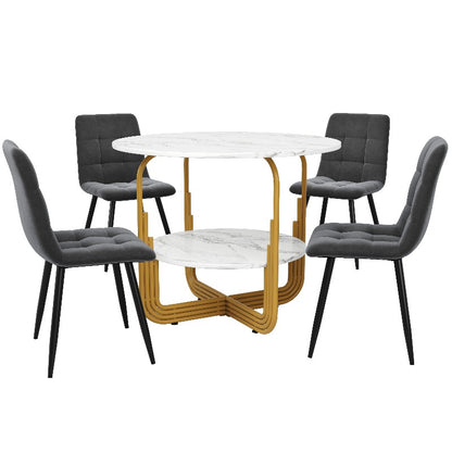 Eettafel Set – Dining Table Set – Tafel En Stoelen – Ronde Eettafel – Tafeltje Met Stoelen – 5-Delig – MDF Marmeren Blad – Gouden Metalen Poten