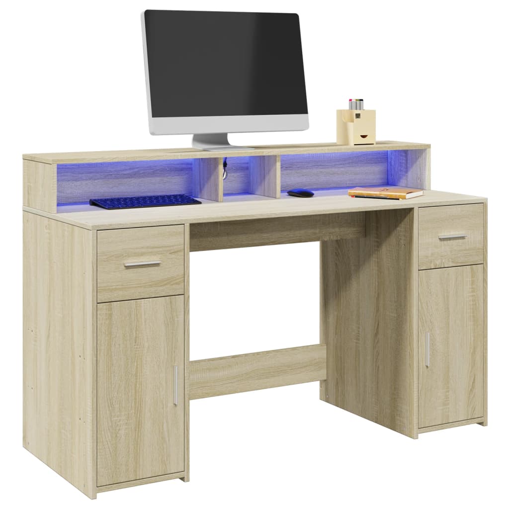 Laptoptablet Bureau – Werkplek Tafel – Computer Desk – Thuiswerkplek Meubel – Sonoma Eiken – RGB LED Verlichting – Ruime Opbergruimte – 140x55x91 cm