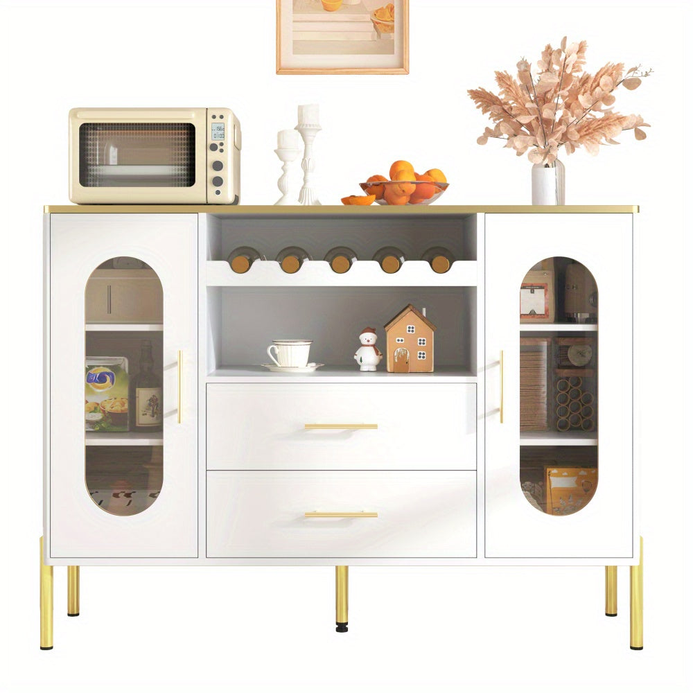 Dressoir – Kast – Sideboard – Opbergkast – Ladekast – Wit MDF Met Glazen Deuren – Inclusief Wijnrek En Lades – Stijlvol En Ruim Opbergmeubel