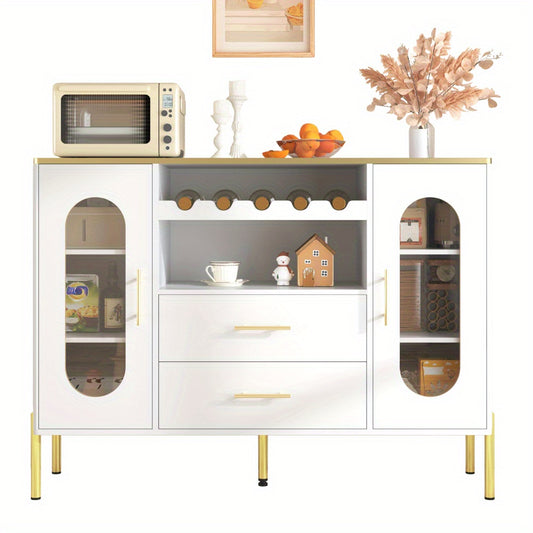 Dressoir – Kast – Sideboard – Opbergkast – Ladekast – Wit MDF Met Glazen Deuren – Inclusief Wijnrek En Lades – Stijlvol En Ruim Opbergmeubel