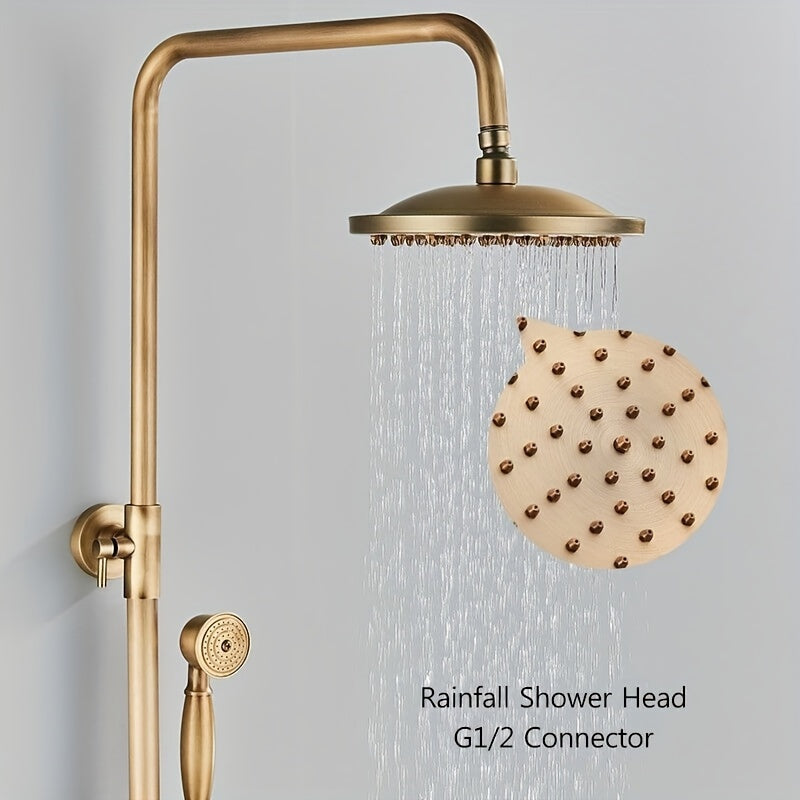 Douche Systeem – Regendouche – Handdouche – Muurkraan – Douchekraan – Antieke Messing Afwerking – 8 Inch Regendouchekop – Geen Elektriciteit Nodig