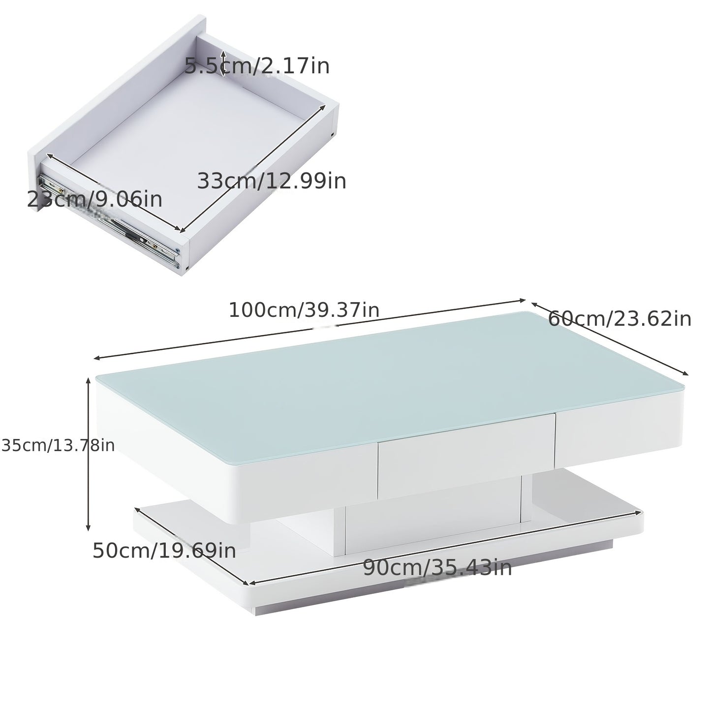Salontafel – Koffietafel – Tafel – Woonkamertafel – Bijzettafel – Hoogglans Wit – 8 mm Gehard Glas – 2 Opberglades