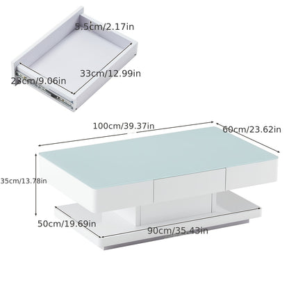Salontafel – Koffietafel – Tafel – Woonkamertafel – Bijzettafel – Hoogglans Wit – 8 mm Gehard Glas – 2 Opberglades