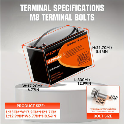 LiFePO4 Accu – Lithium Accu – Bootaccu – Camperaccu – Zonne-energie Accu – 12,8V 100Ah – Slim BMS – Tot 25.000 Cyclus Levensduur