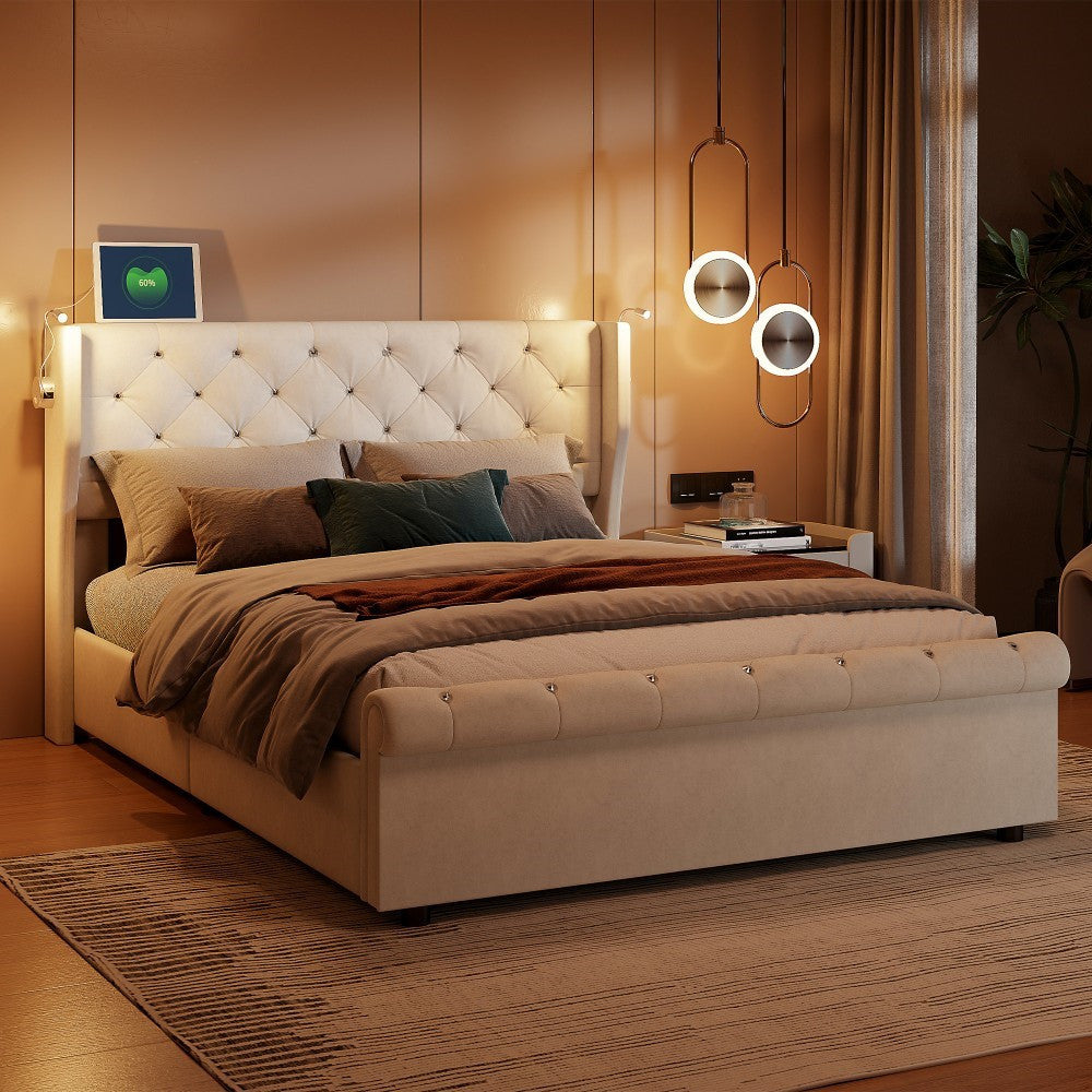 Opbergbed – Gestoffeerd Bed – Tweepersoonsbed – Bedkoffer – Opbergmeubel – 140x190 cm – Off-white Velvet – Hydraulisch Systeem & USB Leeslamp
