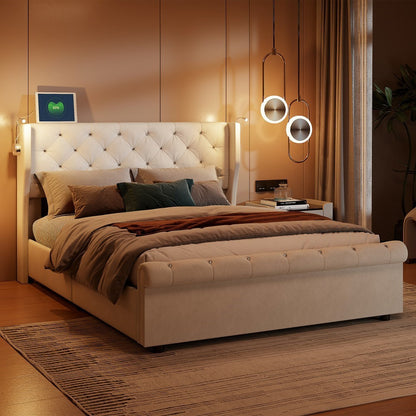 Opbergbed – Gestoffeerd Bed – Tweepersoonsbed – Bedkoffer – Opbergmeubel – 140x190 cm – Off-white Velvet – Hydraulisch Systeem & USB Leeslamp