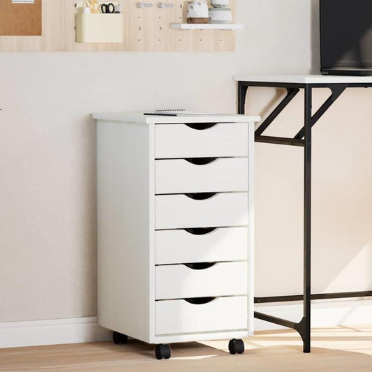 Rollende Ladenkast – Opberkkast – Mobiele Ladenunit – Bureaukast – Opbergmeubel – Massief Grenen – 5 Lades – Wit MOSS Afwerking – 68,6 cm Hoog – Ruimtebesparend – Eenvoudige Montage