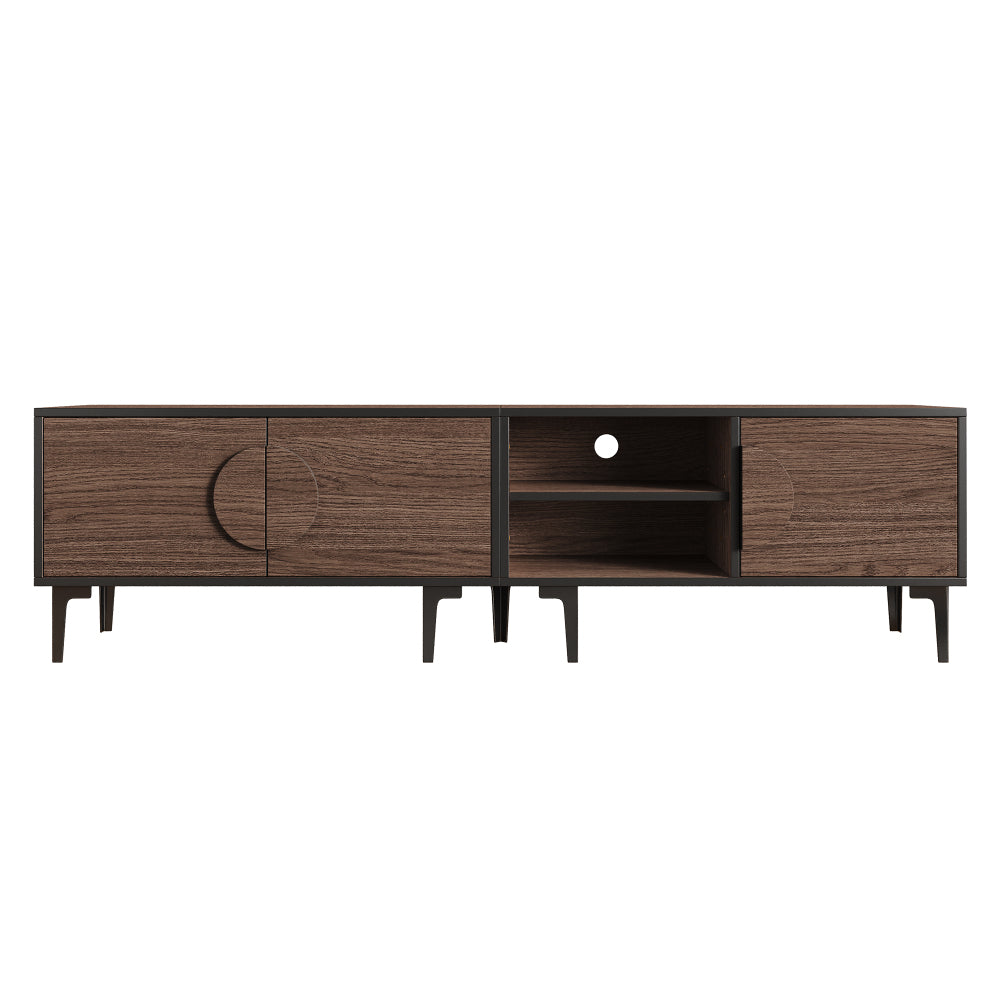Modern Low-Profile TV Stand Compatible for 80-Inch TVs - Dark Walnut Media Console with Double Doors & Open Shelving, Heavy-Duty Metal Frame, Assembly (Living Room Furniture)