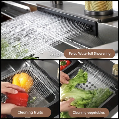 80×45cm Contemporary Rectangular Stainless Steel Kitchen Sink, Flying Rain Waterfall Effect, Right Side Draining with Pull-Down Tap and Cutting Board & Glass Rack Included Multiple Accessories Easy Installation Suitable for