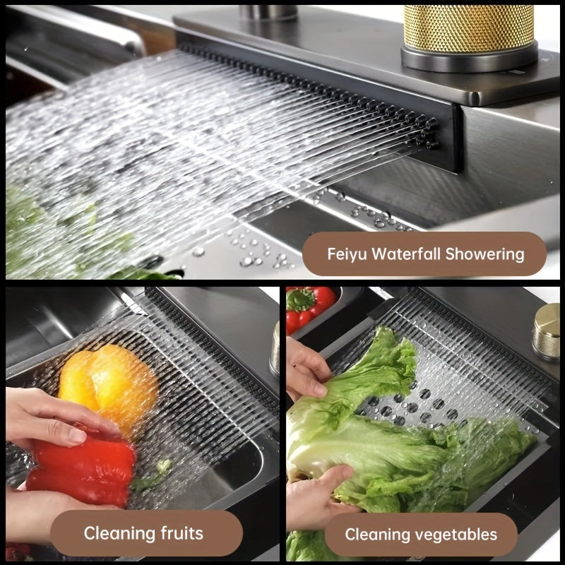 80×45cm Contemporary Rectangular Stainless Steel Kitchen Sink, Flying Rain Waterfall Effect, Right Side Draining with Pull-Down Tap and Cutting Board & Glass Rack Included Multiple Accessories Easy Installation Suitable for