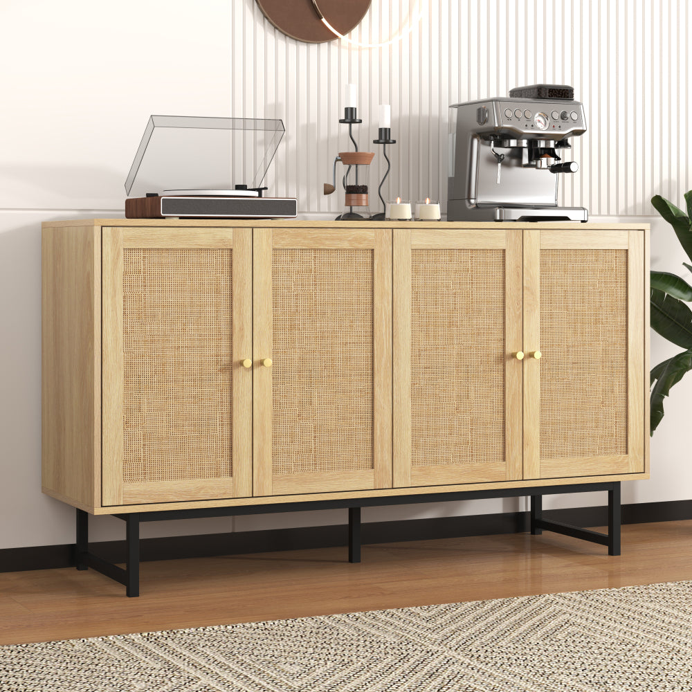 Sideboard, 140x39.5x80cm, featuring genuine rattan weave, four doors, ample storage space to meet your diverse needs, making it the ideal choice for your dining and living room furnishings.
