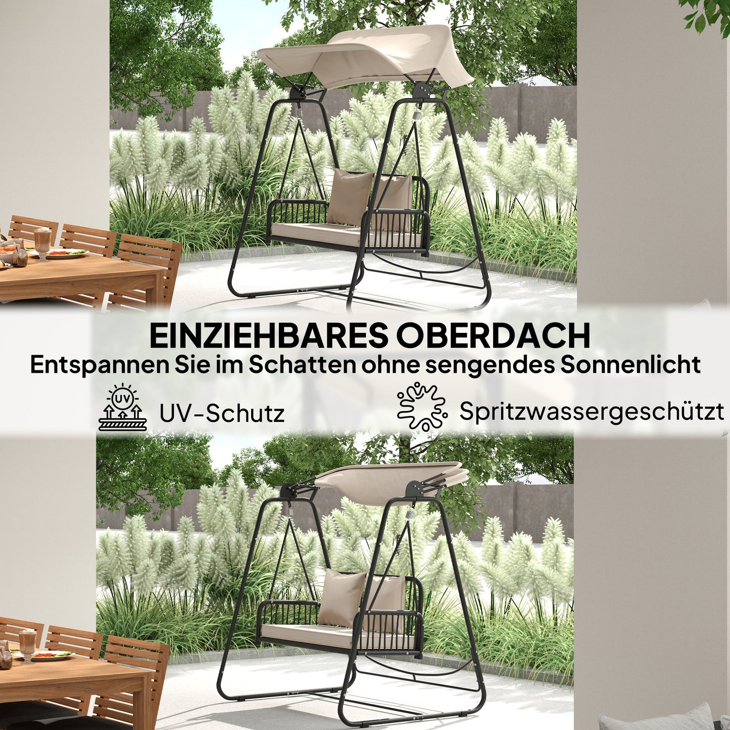 Tuinbank – Buitenbank – Loungebank – Tuinmeubel – Schommelbank – 2-Zits Rattan Hollywood Schommel – Inklapbaar Zonnescherm – Comfortabel Met Kussen – Draagvermogen 240 kg – 149x121x180 cm – Khaki