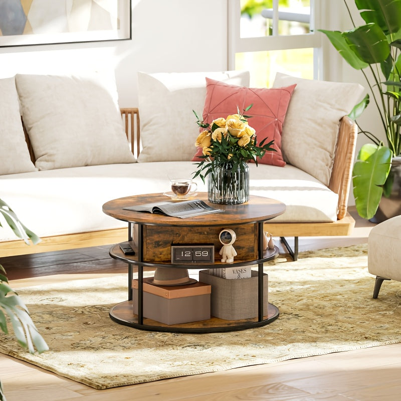 Salontafel – Koffietafel – Bijzettafel – Woonkamertafel – Accenttafel – Modern – Verstelbaar Blad – Bamboe Met Verborgen Opbergruimte – Rond Bruin – Ruimtebesparend Design