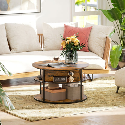 Salontafel – Koffietafel – Bijzettafel – Woonkamertafel – Accenttafel – Modern – Verstelbaar Blad – Bamboe Met Verborgen Opbergruimte – Rond Bruin – Ruimtebesparend Design