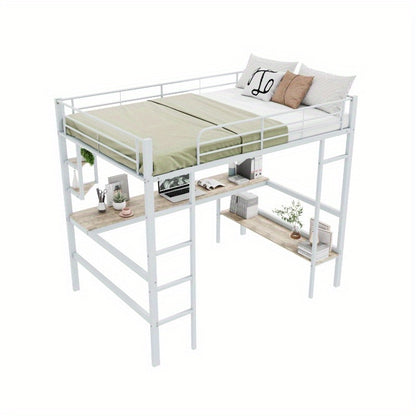 Hoogslaper 140x200 – Stalen Bedframe – Metaalbed – Kinderbed – Tienerbed – Wit Frame – Ingebouwd Bureau & Grote Boekenkast – 4 Kleine Plankjes