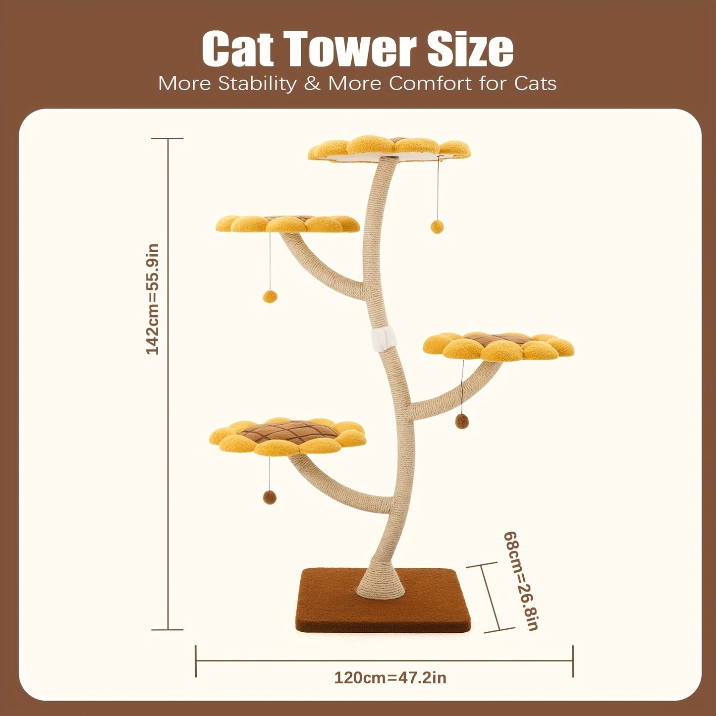 141.99cm Tall Sunflower Cat Tower for Large Cats - Sturdy Alloy Multi-Level Cat Tree with 4 Plush Flower Perches, Sisal Scratching Posts & Hanging - Modern Indoor Activity Center for Play & Relaxation, Cute Cat Tree, Feline A