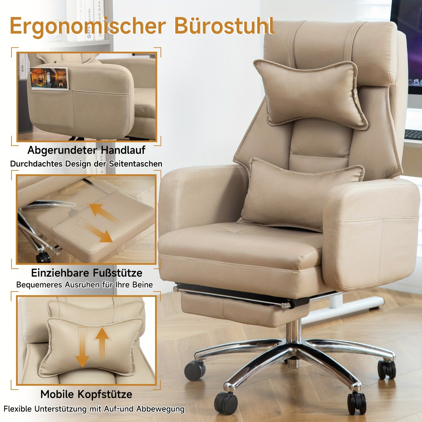 Ergonomische Relaxstoel – Draaistoel – Gamingstoel – Bureaustoel – Loungestoel – Grijs – 155° Verstelbare Rugleuning – Met Lenden- en Hoofdsteun