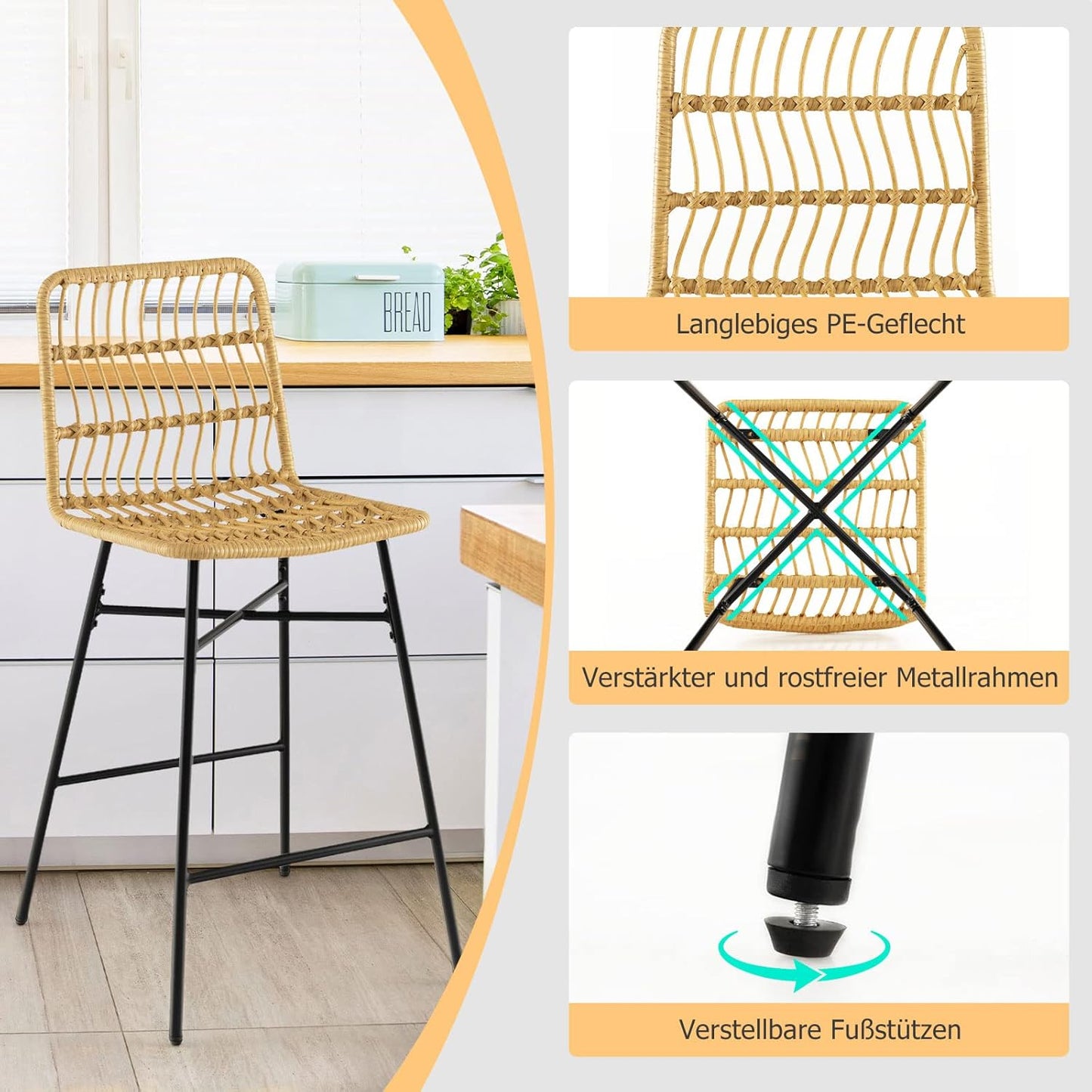 Barkrukken Set – Barkrukken Met Rugleuning – Keukenkrukken – Barstoelen – Rattan Krukken – Gele PE Rattan – Met Metalen Frame – Zithoogte 69 cm