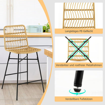 Barkrukken Set – Barkrukken Met Rugleuning – Keukenkrukken – Barstoelen – Rattan Krukken – Gele PE Rattan – Met Metalen Frame – Zithoogte 69 cm