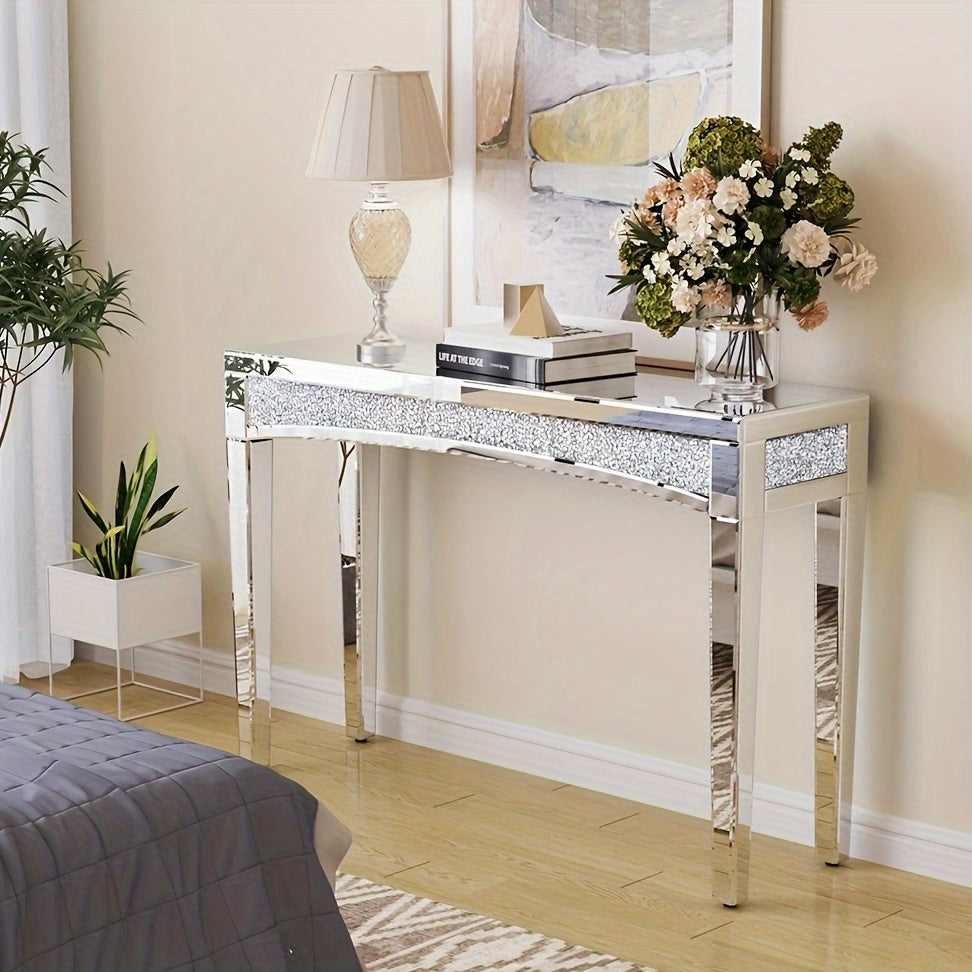 Spiegelende Sidetable – Console Tafel – Bijzettafel – Halmeubel – Make-uptafel – Glamoureuze Diamantkristal Afwerking – 120x35x80,5 cm – Glas en Hout