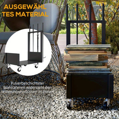 Firewood Rack – Houtopslag Rek – Houtstapelrek – Houthouder – Buitenhaard Accessoire – Metaal Zwart – Met Wielen en Zijhaken