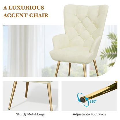 Fauteuil – Accentstoel – Relaxstoel – Leunstoel – Loungefauteuil – Fluwelen Bekleding – Wingback Design – Memory Foam Zitting – Metalen Frame Met Gouden Poten – Groen
