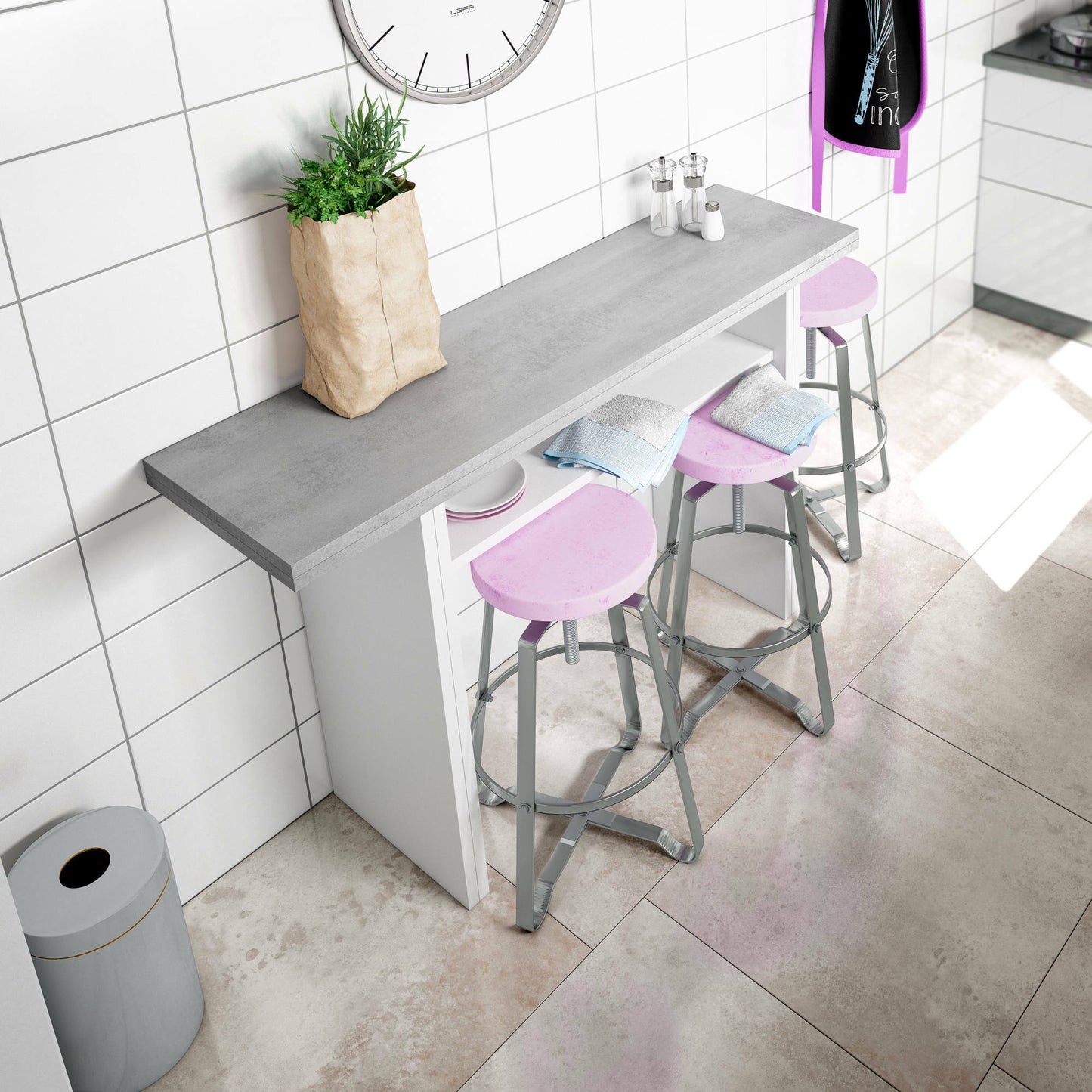 Arila Extendable Table, Book-Style Opening with Extendable Top, Foldable Side Console Table, 120x35x77 cm, White and Cement