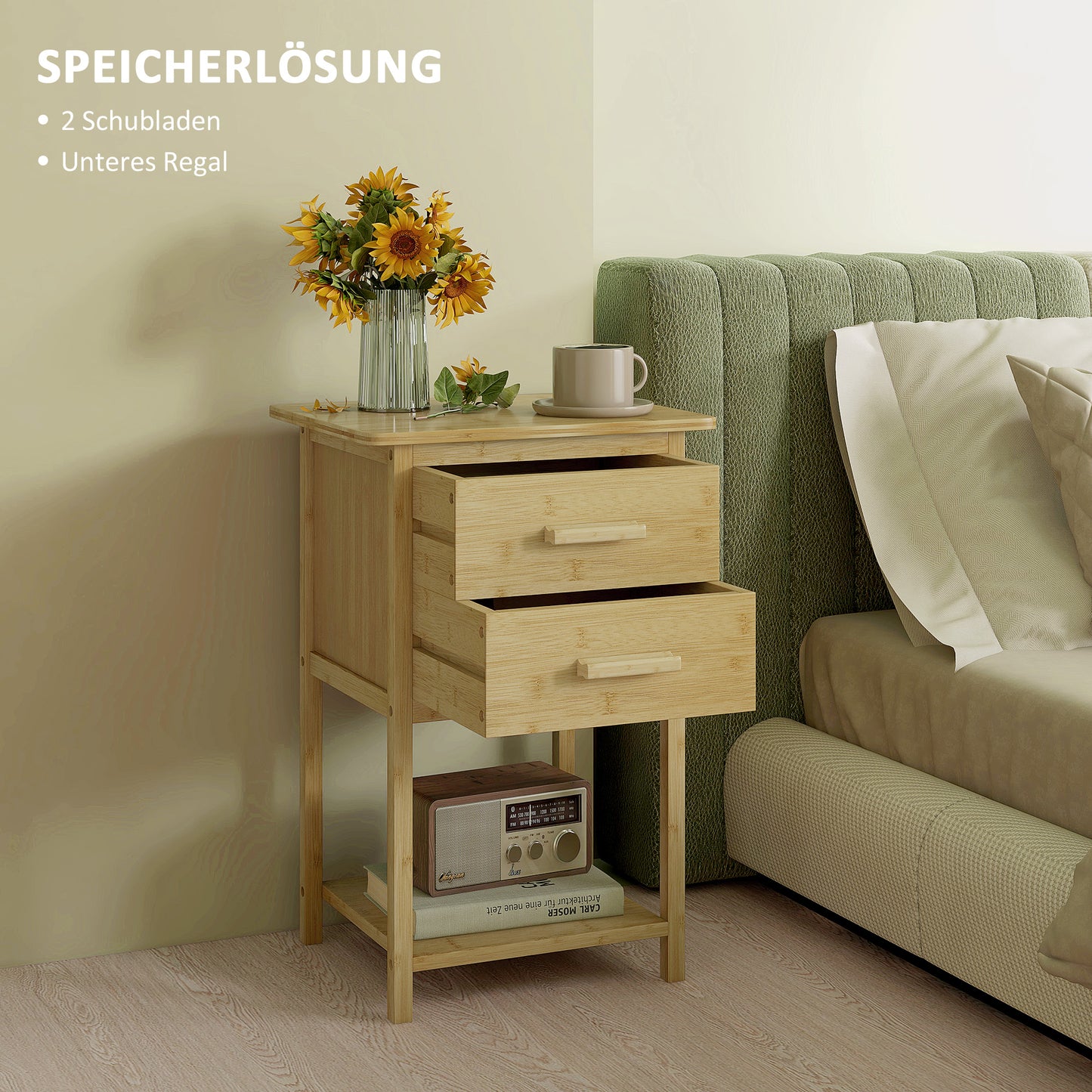 Nachtkastje – Bijzettafel – Ladekastje – Nachtkast – Wandkast – Set van 2 – Scandinavisch Design – Bamboe – 2 Lades & Plank – 40x34x60 cm – Duurzaam & Onderhoudsvriendelijk