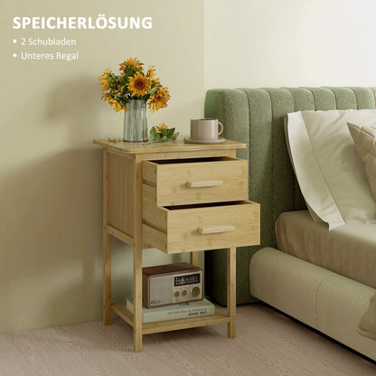 Nachtkastje – Bijzettafel – Ladekastje – Nachtkast – Wandkast – Set van 2 – Scandinavisch Design – Bamboe – 2 Lades & Plank – 40x34x60 cm – Duurzaam & Onderhoudsvriendelijk