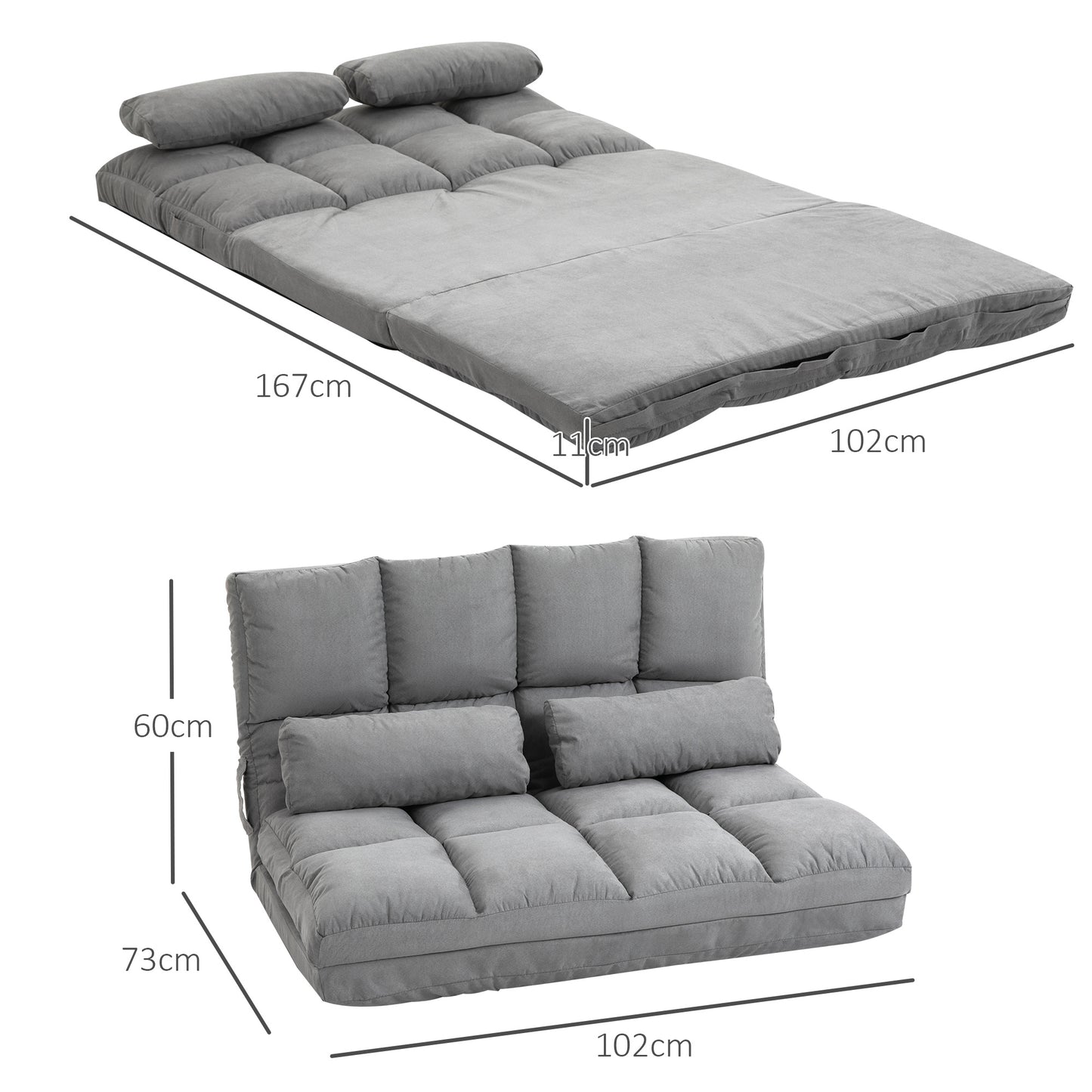 Slaapstoel – Slaapbank – Slaapfauteuil – Zetelbed – Vouwbed – Verstelbare Rugleuning 14 Standen – Suede-achtig Polyester Lichtgrijs – Inclusief 2 Kussens